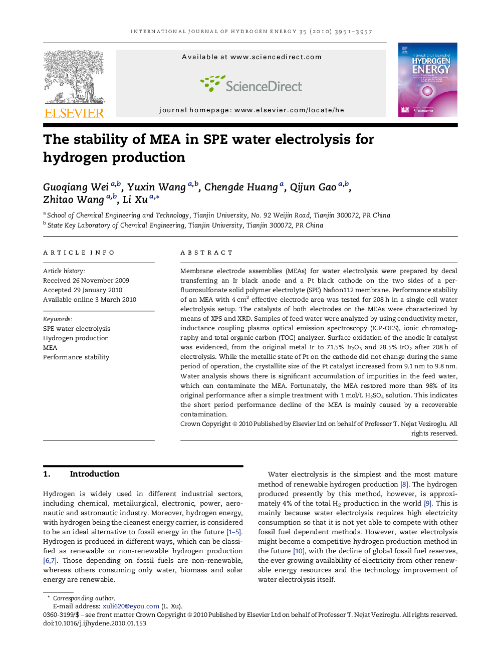 The stability of MEA in SPE water electrolysis for hydrogen production