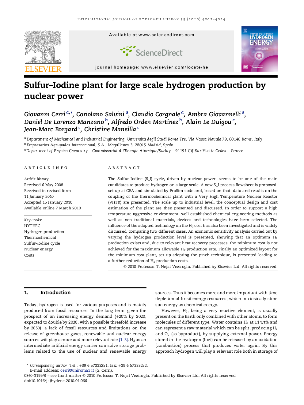 Sulfur–Iodine plant for large scale hydrogen production by nuclear power