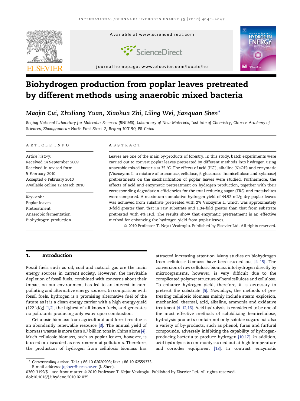 Biohydrogen production from poplar leaves pretreated by different methods using anaerobic mixed bacteria