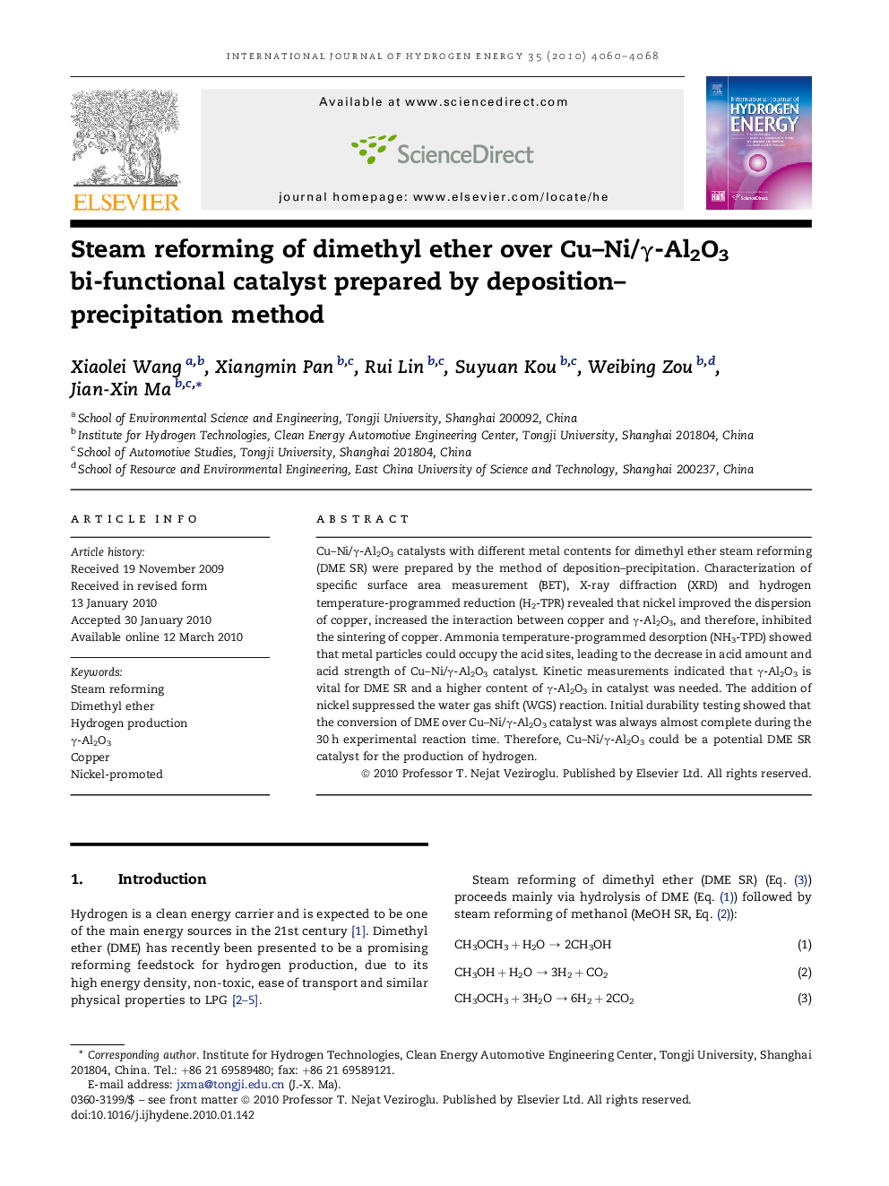 Steam reforming of dimethyl ether over Cu–Ni/γ-Al2O3 bi-functional catalyst prepared by deposition–precipitation method