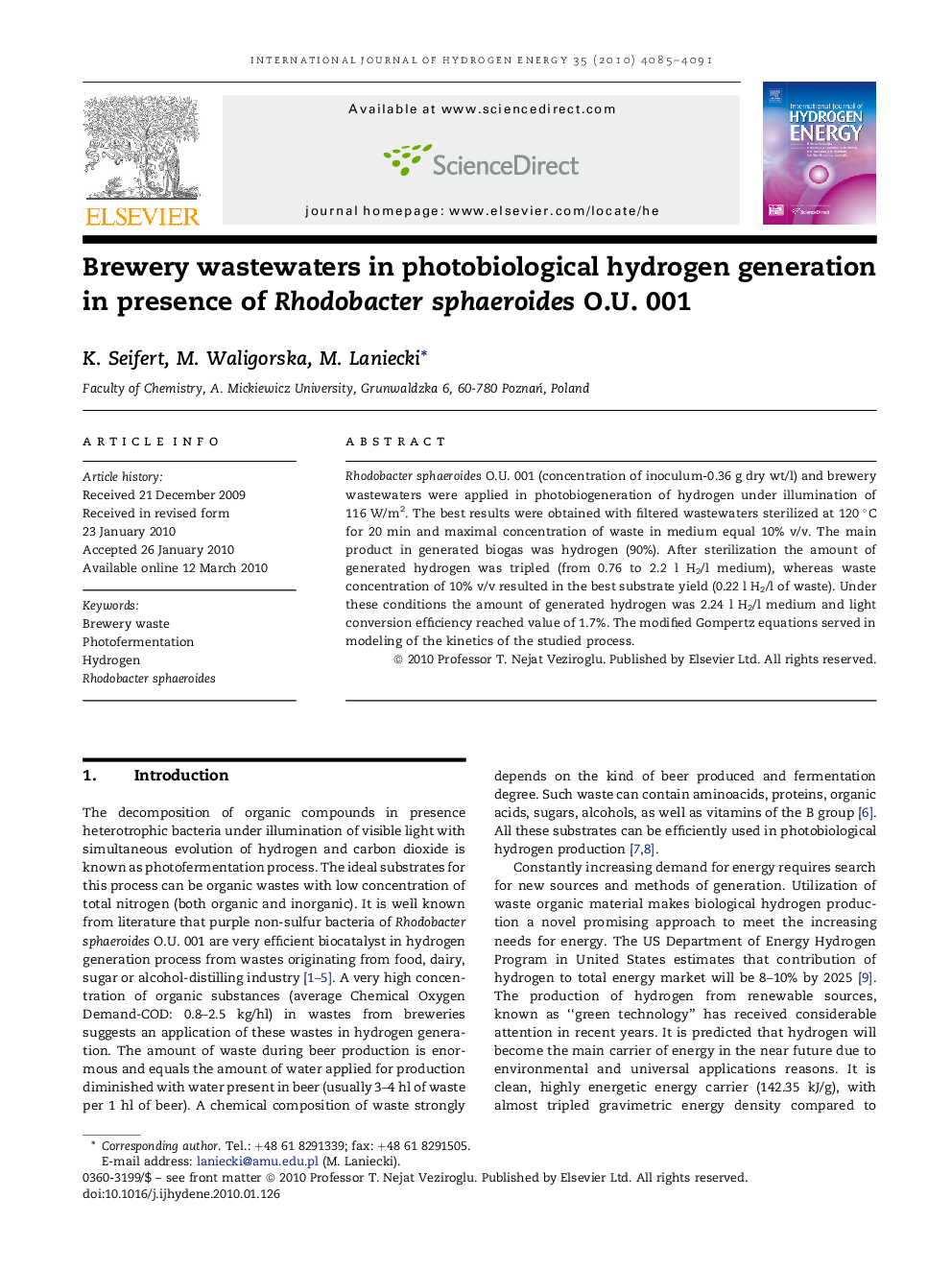 Brewery wastewaters in photobiological hydrogen generation in presence of Rhodobacter sphaeroides O.U. 001