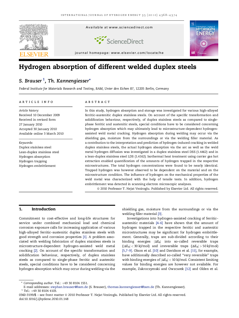 Hydrogen absorption of different welded duplex steels