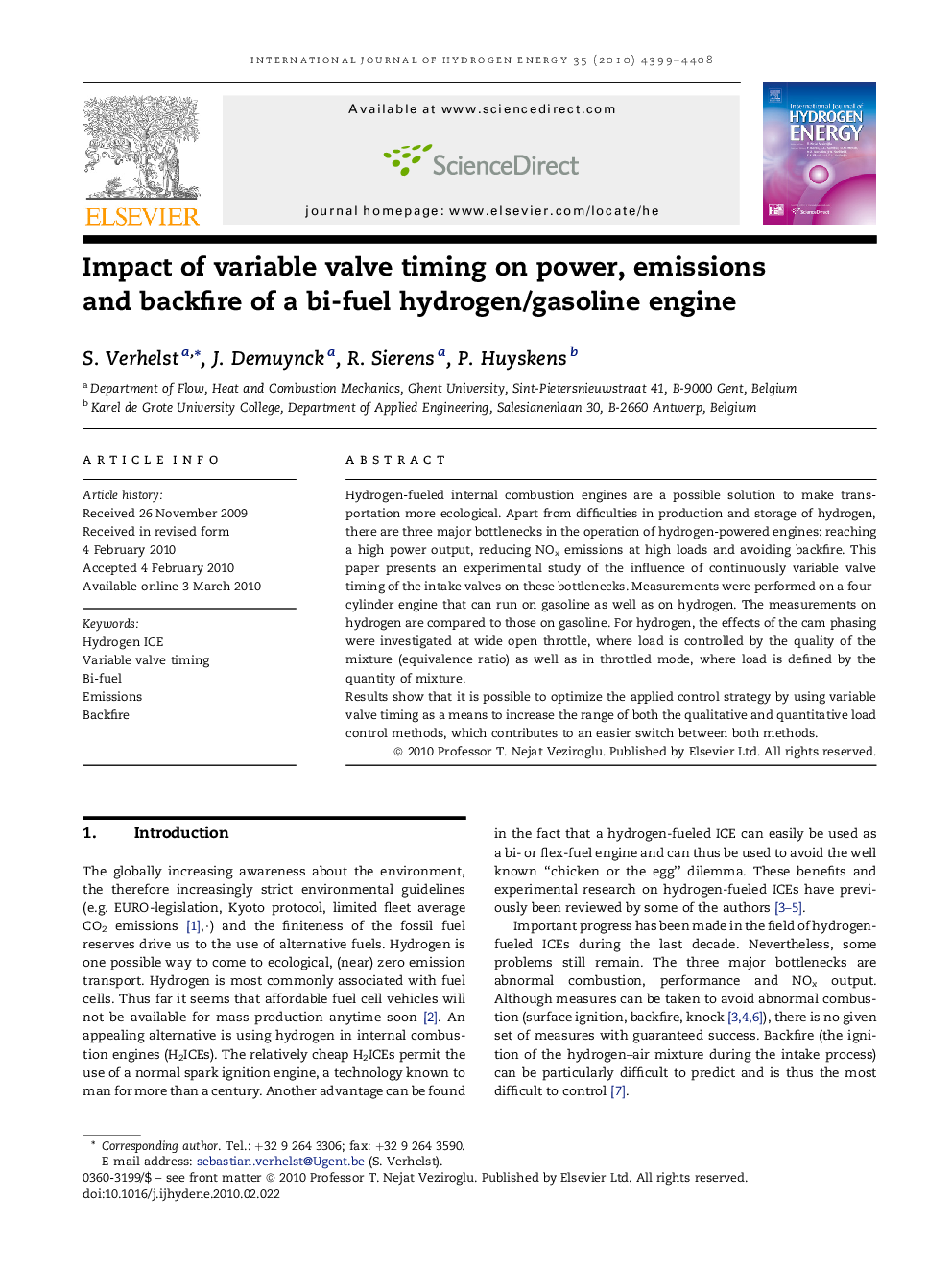 Impact of variable valve timing on power, emissions and backfire of a bi-fuel hydrogen/gasoline engine