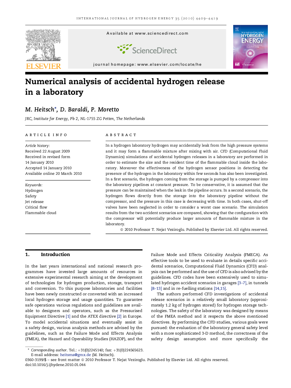 Numerical analysis of accidental hydrogen release in a laboratory