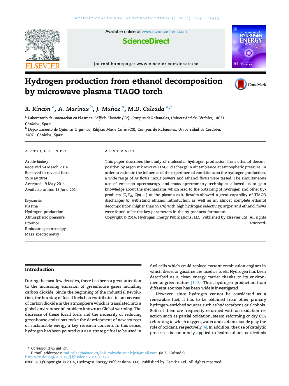 Hydrogen production from ethanol decomposition by microwave plasma TIAGO torch