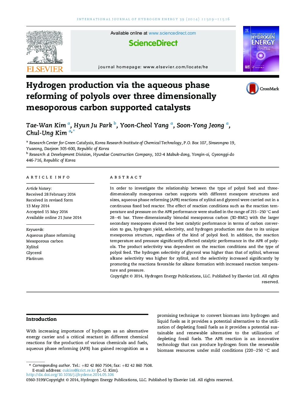 Hydrogen production via the aqueous phase reforming of polyols over three dimensionally mesoporous carbon supported catalysts