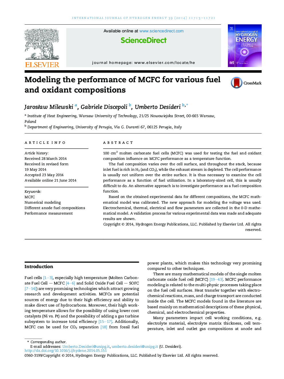 Modeling the performance of MCFC for various fuel and oxidant compositions