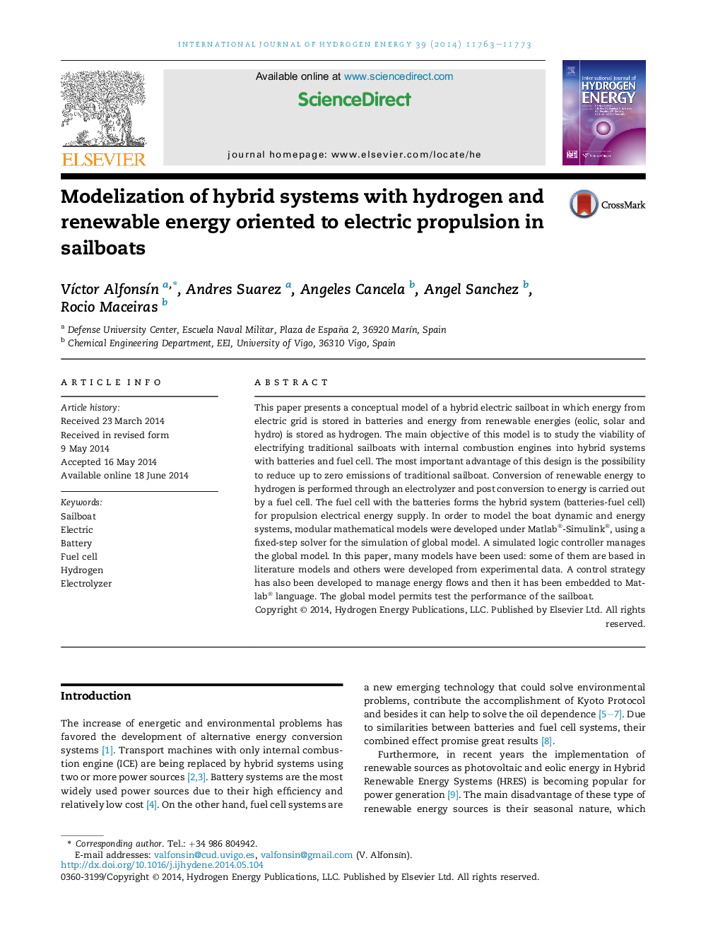 Modelization of hybrid systems with hydrogen and renewable energy oriented to electric propulsion in sailboats