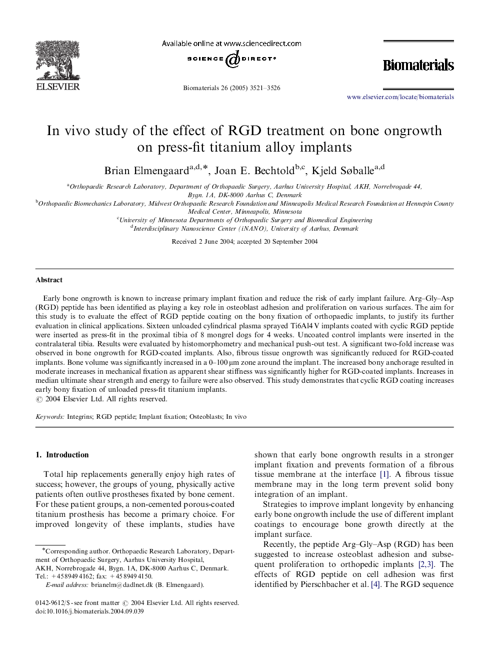 In vivo study of the effect of RGD treatment on bone ongrowth on press-fit titanium alloy implants