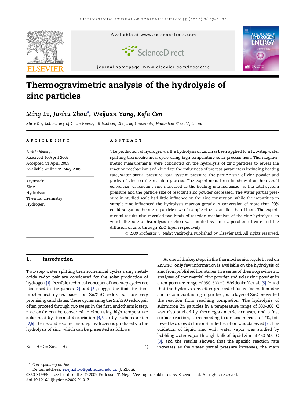 Thermogravimetric analysis of the hydrolysis of zinc particles