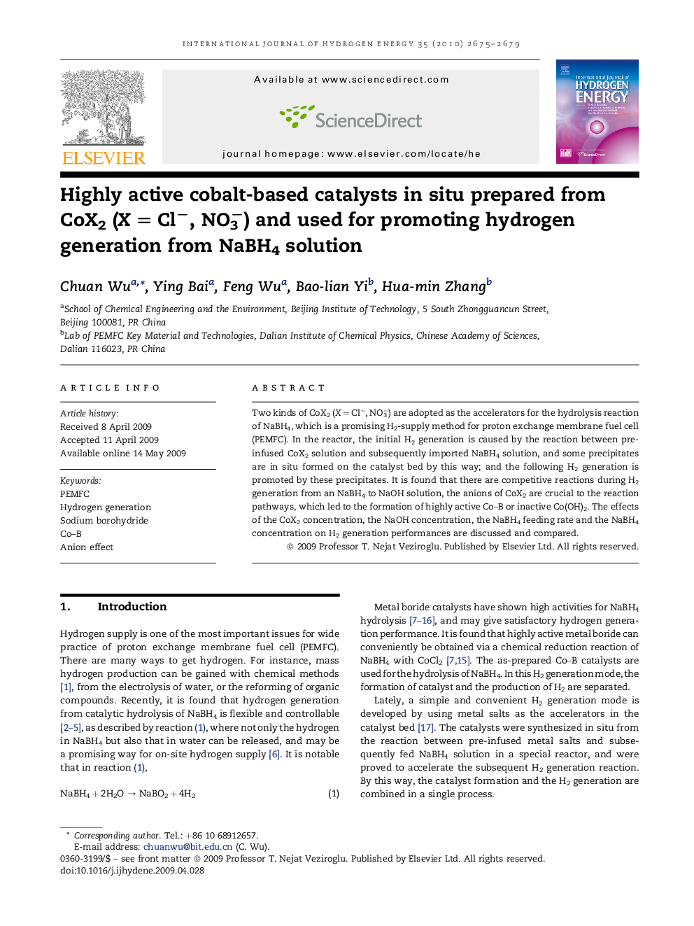 Highly active cobalt-based catalysts in situ prepared from CoX2 (X = Cl−, NO3−) and used for promoting hydrogen generation from NaBH4 solution