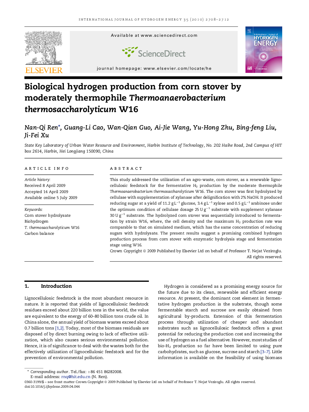 Biological hydrogen production from corn stover by moderately thermophile Thermoanaerobacterium thermosaccharolyticum W16