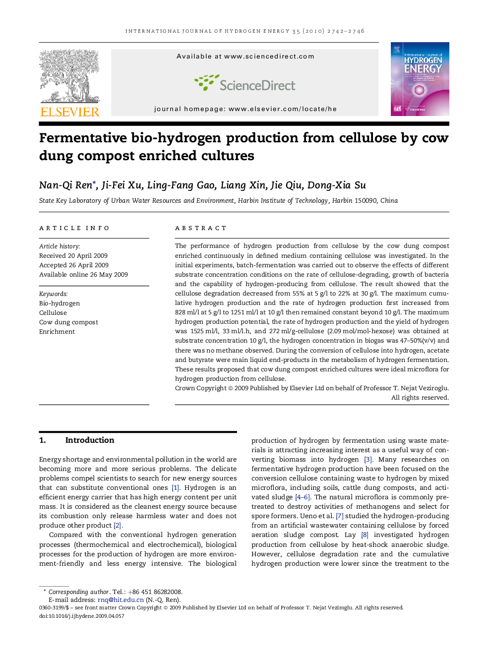 Fermentative bio-hydrogen production from cellulose by cow dung compost enriched cultures