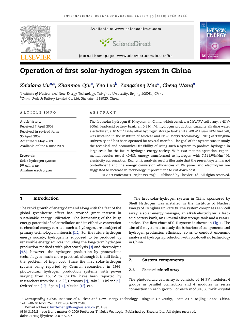 Operation of first solar-hydrogen system in China