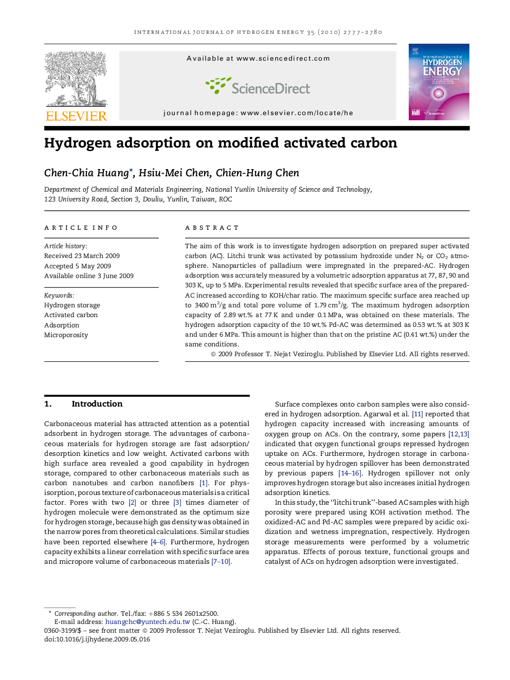 Hydrogen adsorption on modified activated carbon