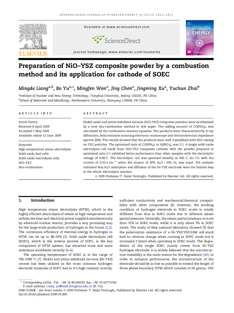 Preparation of NiO–YSZ composite powder by a combustion method and its application for cathode of SOEC