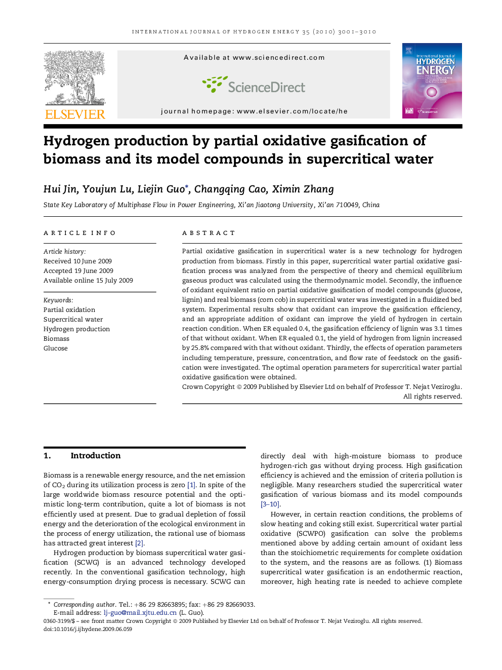 Hydrogen production by partial oxidative gasification of biomass and its model compounds in supercritical water