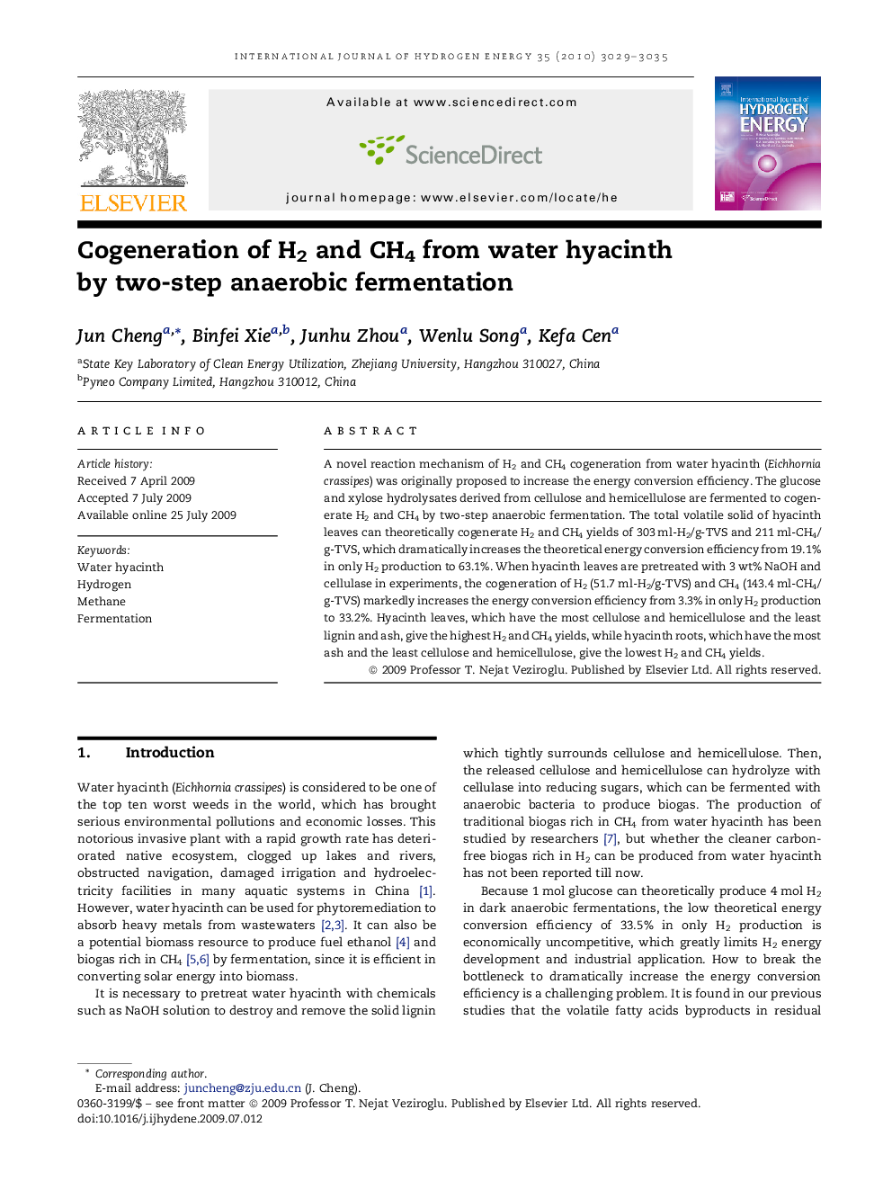 Cogeneration of H2 and CH4 from water hyacinth by two-step anaerobic fermentation