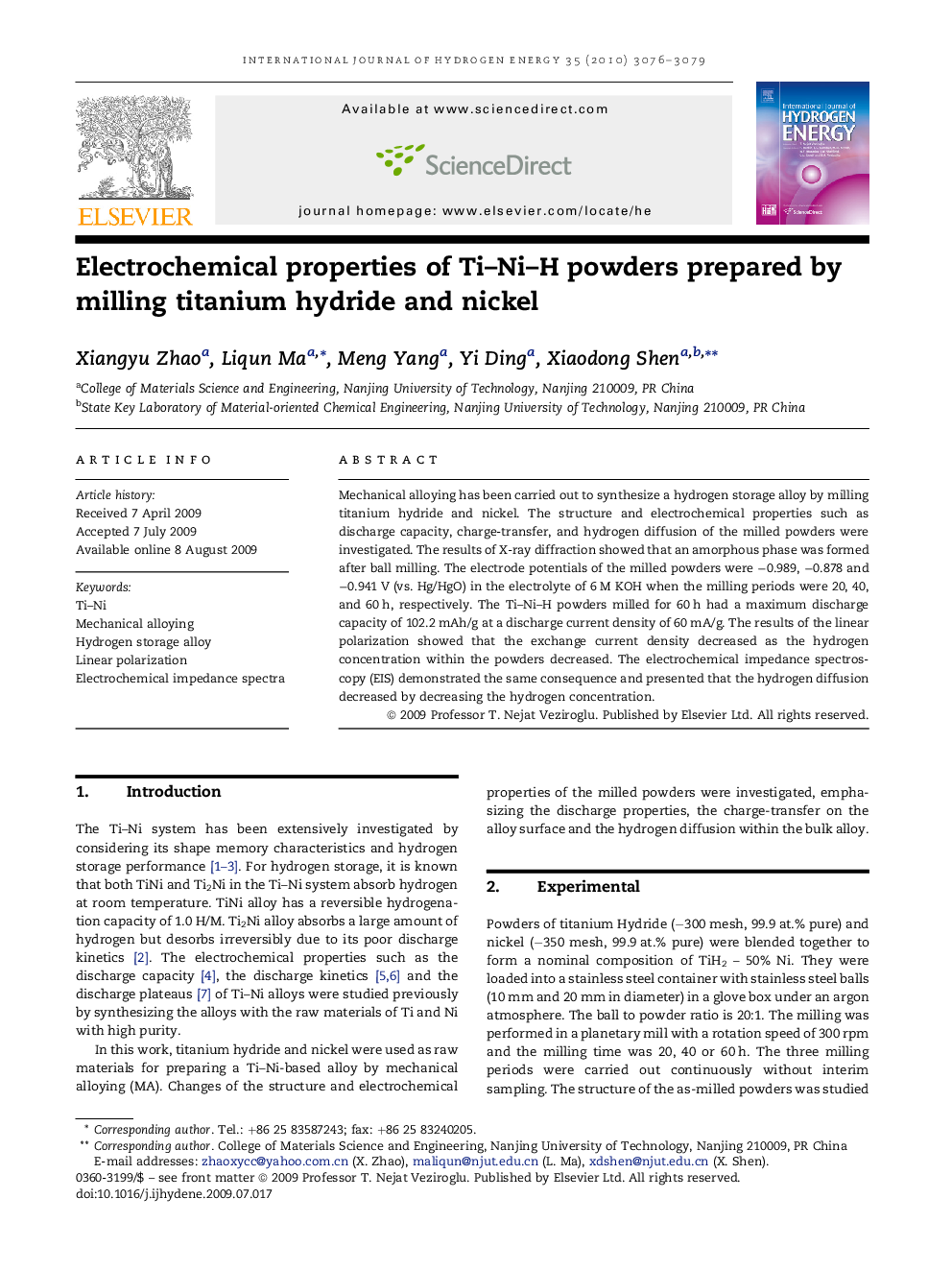 Electrochemical properties of Ti–Ni–H powders prepared by milling titanium hydride and nickel