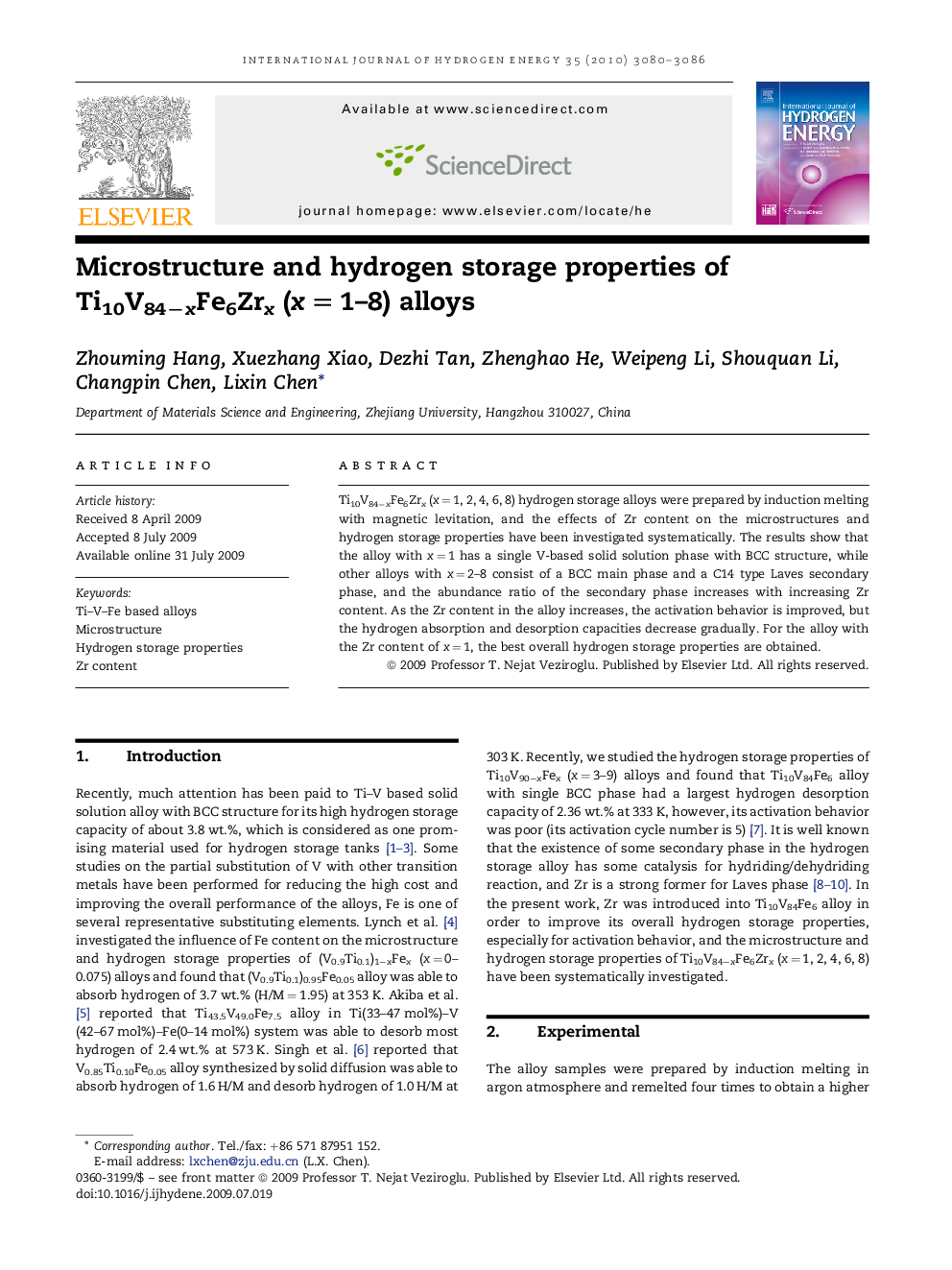 Microstructure and hydrogen storage properties of Ti10V84âxFe6Zrx (xÂ =Â 1-8) alloys