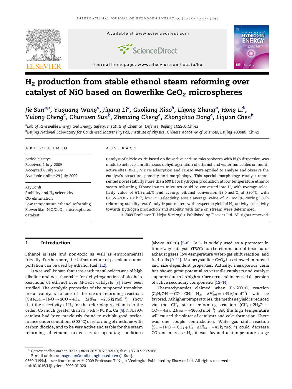 H2 production from stable ethanol steam reforming over catalyst of NiO based on flowerlike CeO2 microspheres