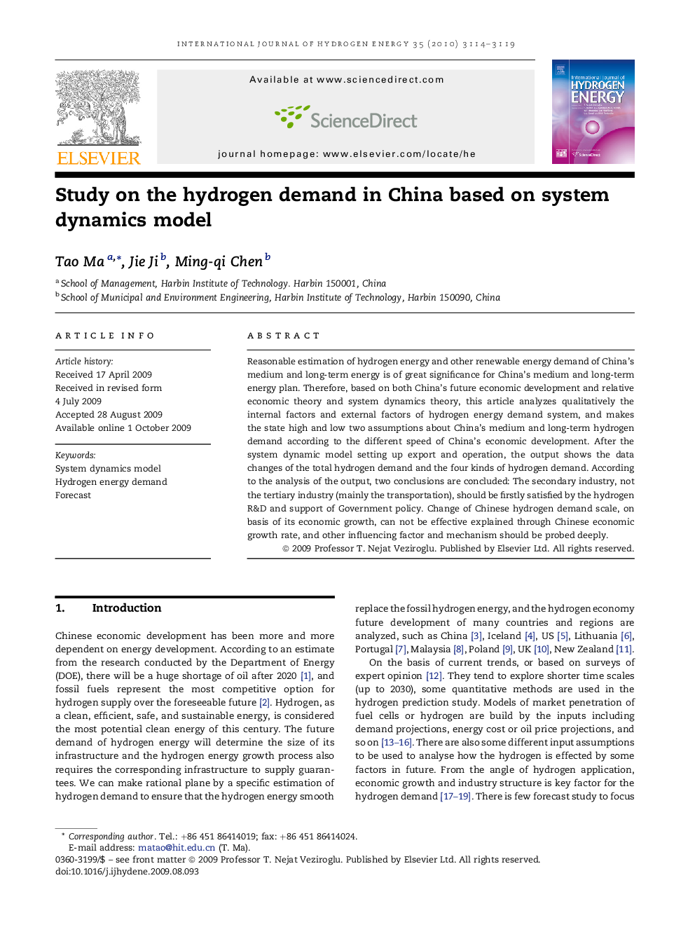 Study on the hydrogen demand in China based on system dynamics model