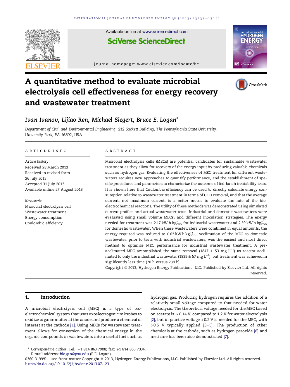 A quantitative method to evaluate microbial electrolysis cell effectiveness for energy recovery and wastewater treatment