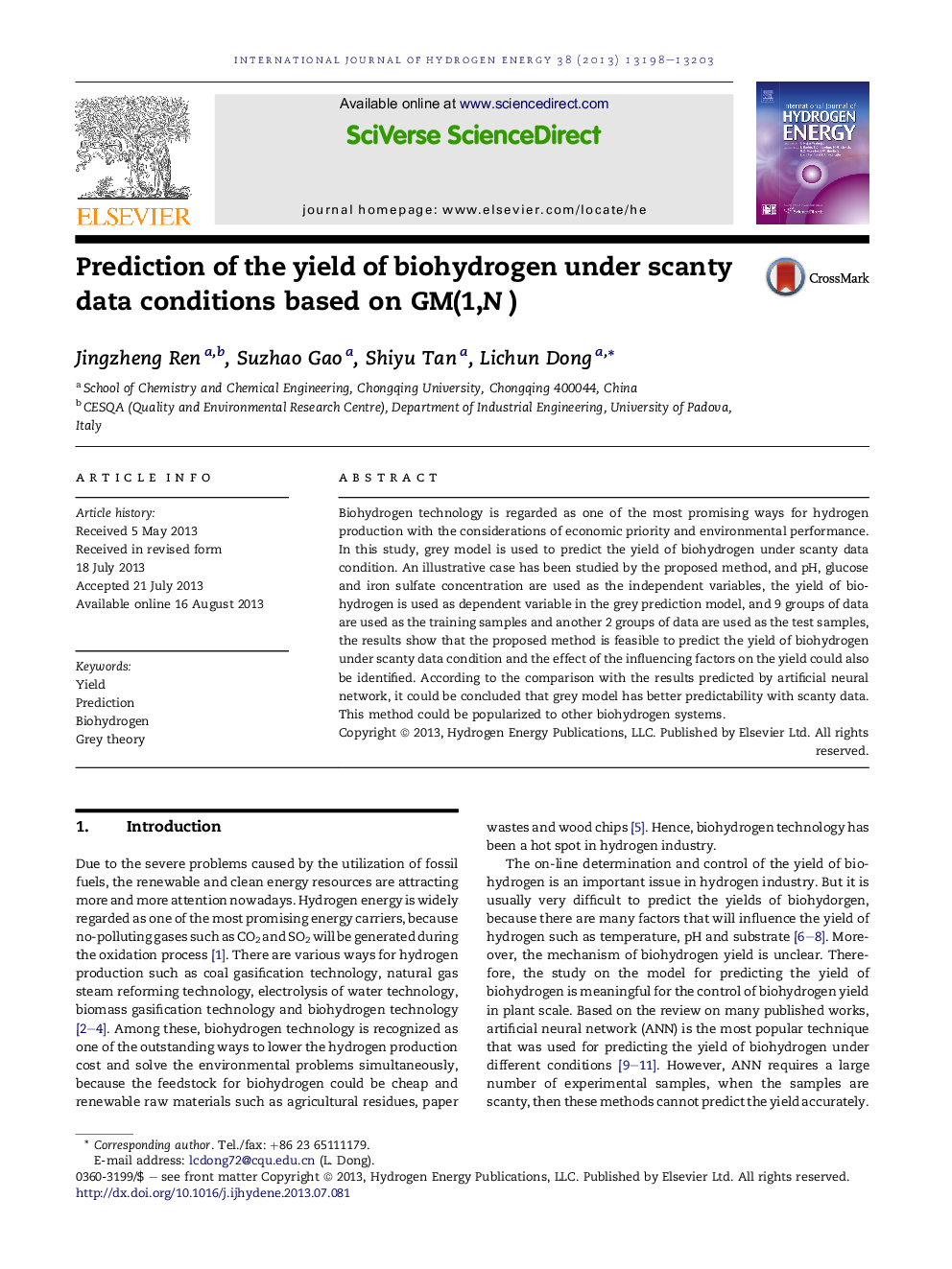 Prediction of the yield of biohydrogen under scanty data conditions based on GM(1,N)