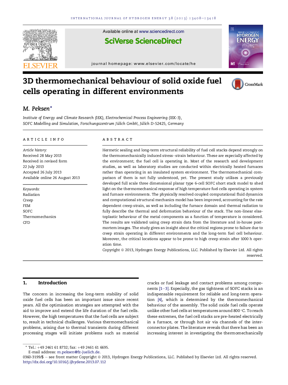 3D thermomechanical behaviour of solid oxide fuel cells operating in different environments