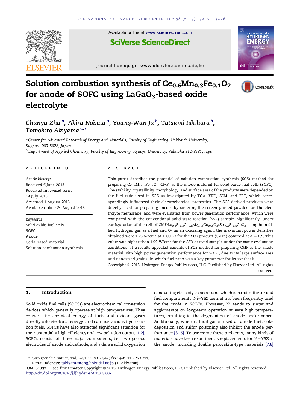 Solution combustion synthesis of Ce0.6Mn0.3Fe0.1O2 for anode of SOFC using LaGaO3-based oxide electrolyte