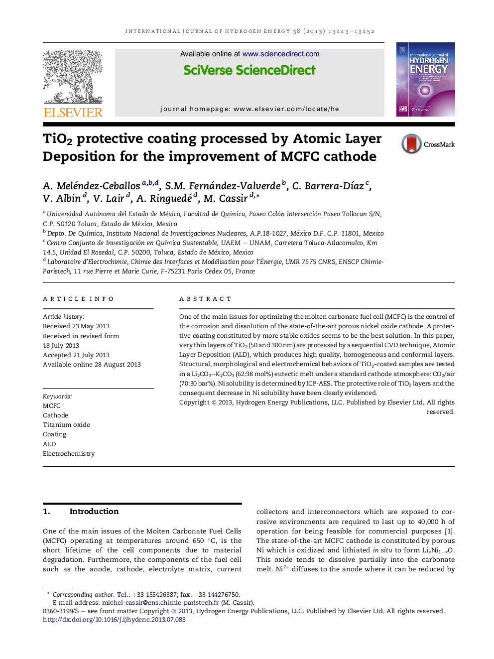 TiO2 protective coating processed by Atomic Layer Deposition for the improvement of MCFC cathode