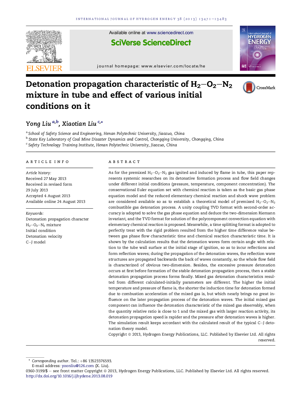 Detonation propagation characteristic of H2–O2–N2 mixture in tube and effect of various initial conditions on it