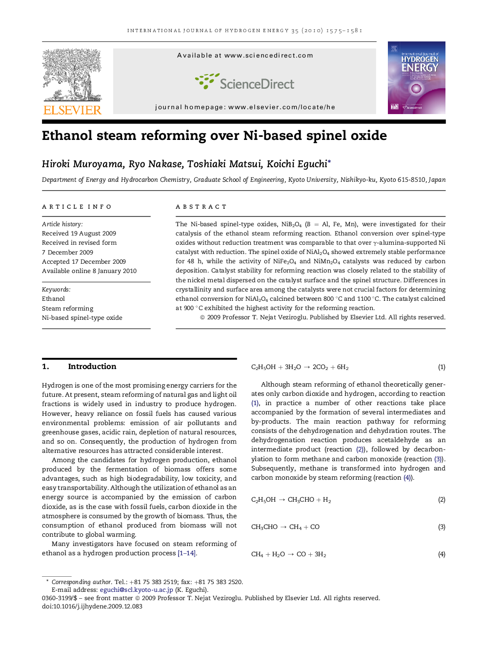 Ethanol steam reforming over Ni-based spinel oxide