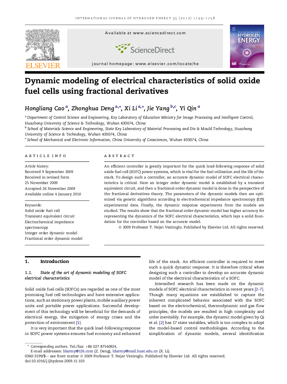 Dynamic modeling of electrical characteristics of solid oxide fuel cells using fractional derivatives