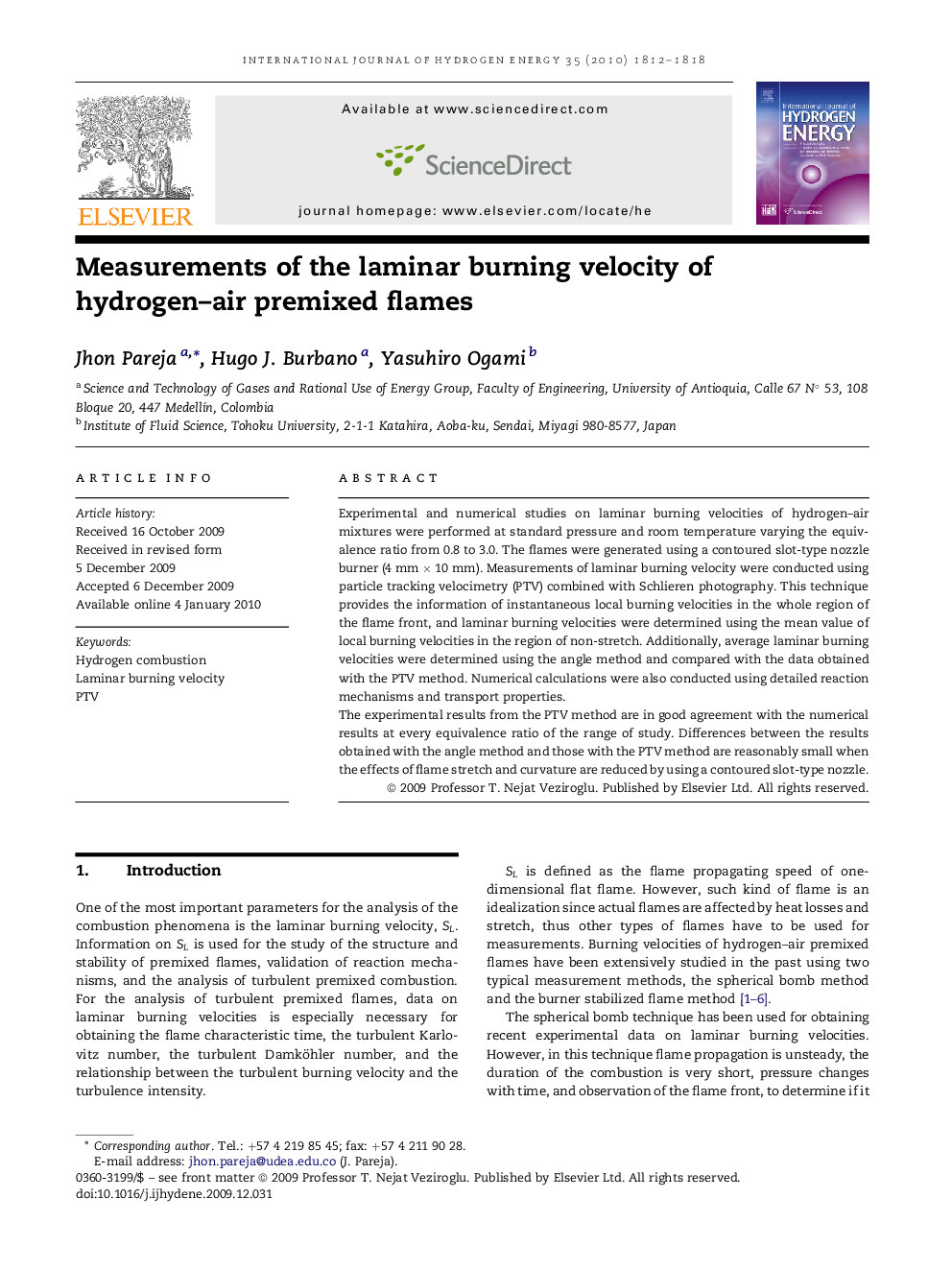 Measurements of the laminar burning velocity of hydrogen–air premixed flames