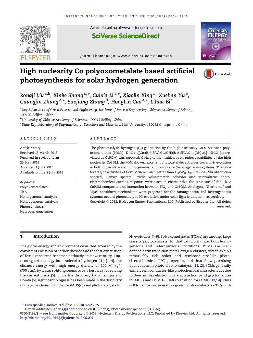 High nuclearity Co polyoxometalate based artificial photosynthesis for solar hydrogen generation