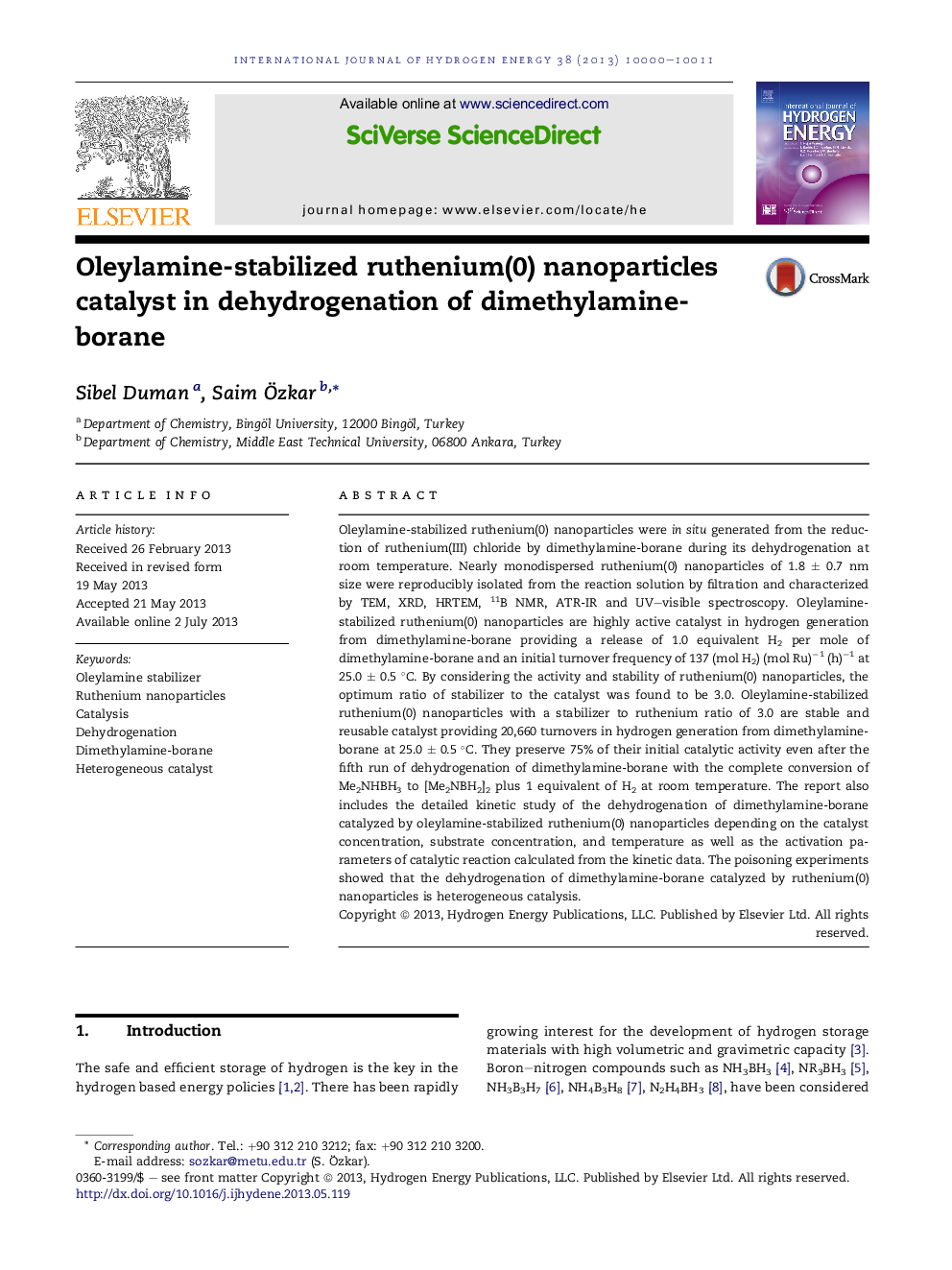 Oleylamine-stabilized ruthenium(0) nanoparticles catalyst in dehydrogenation of dimethylamine-borane
