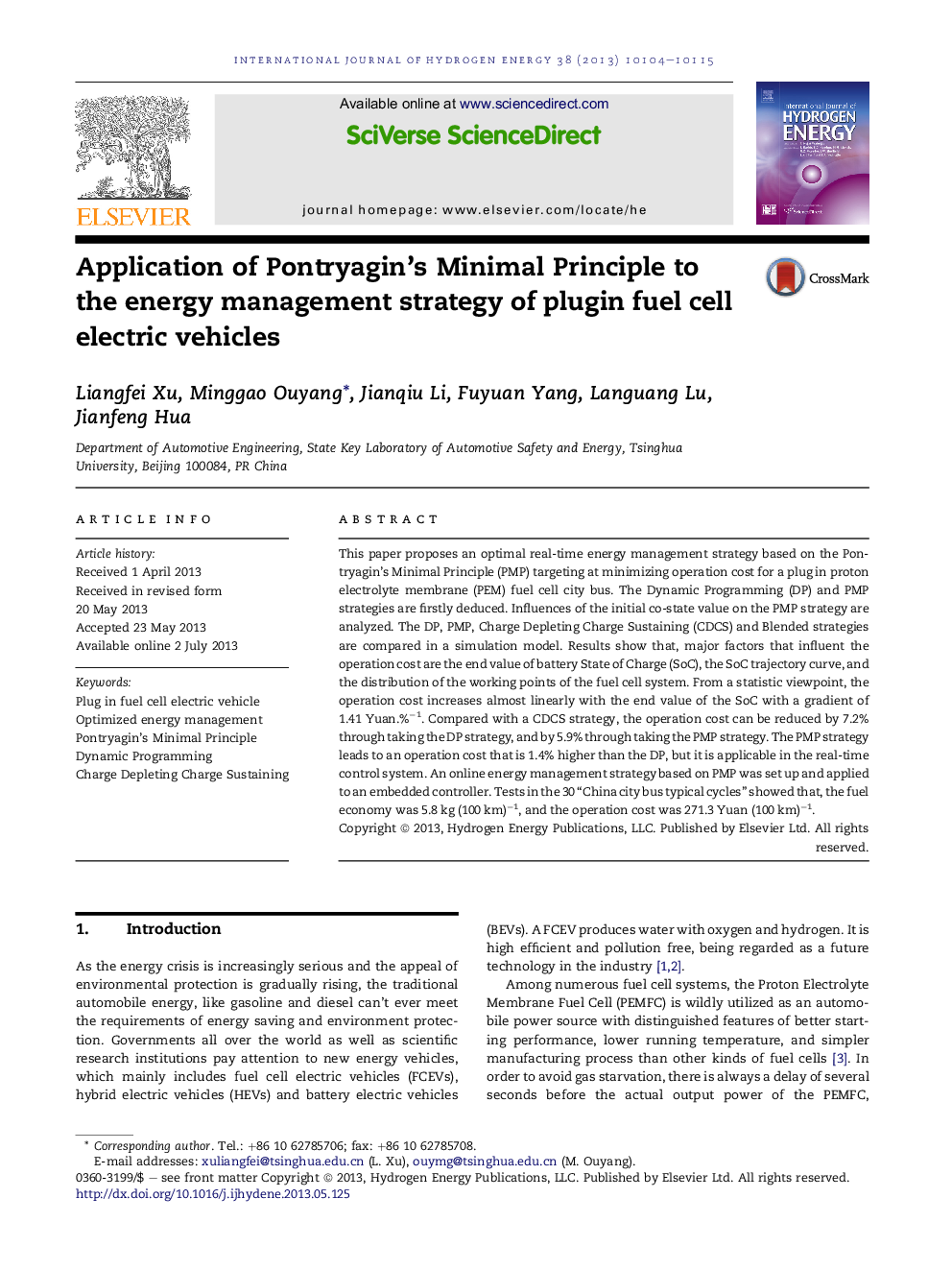 Application of Pontryagin's Minimal Principle to the energy management strategy of plugin fuel cell electric vehicles