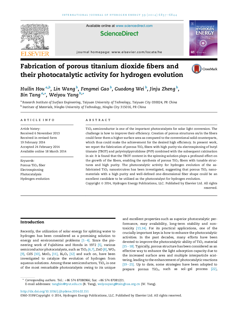 Fabrication of porous titanium dioxide fibers and their photocatalytic activity for hydrogen evolution