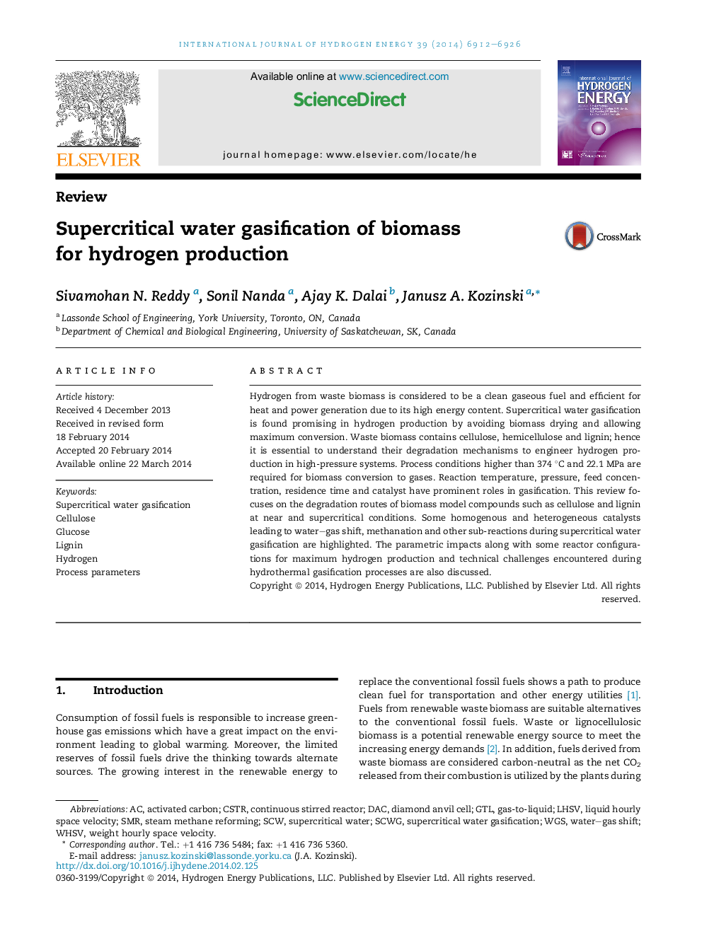 Supercritical water gasification of biomass for hydrogen production