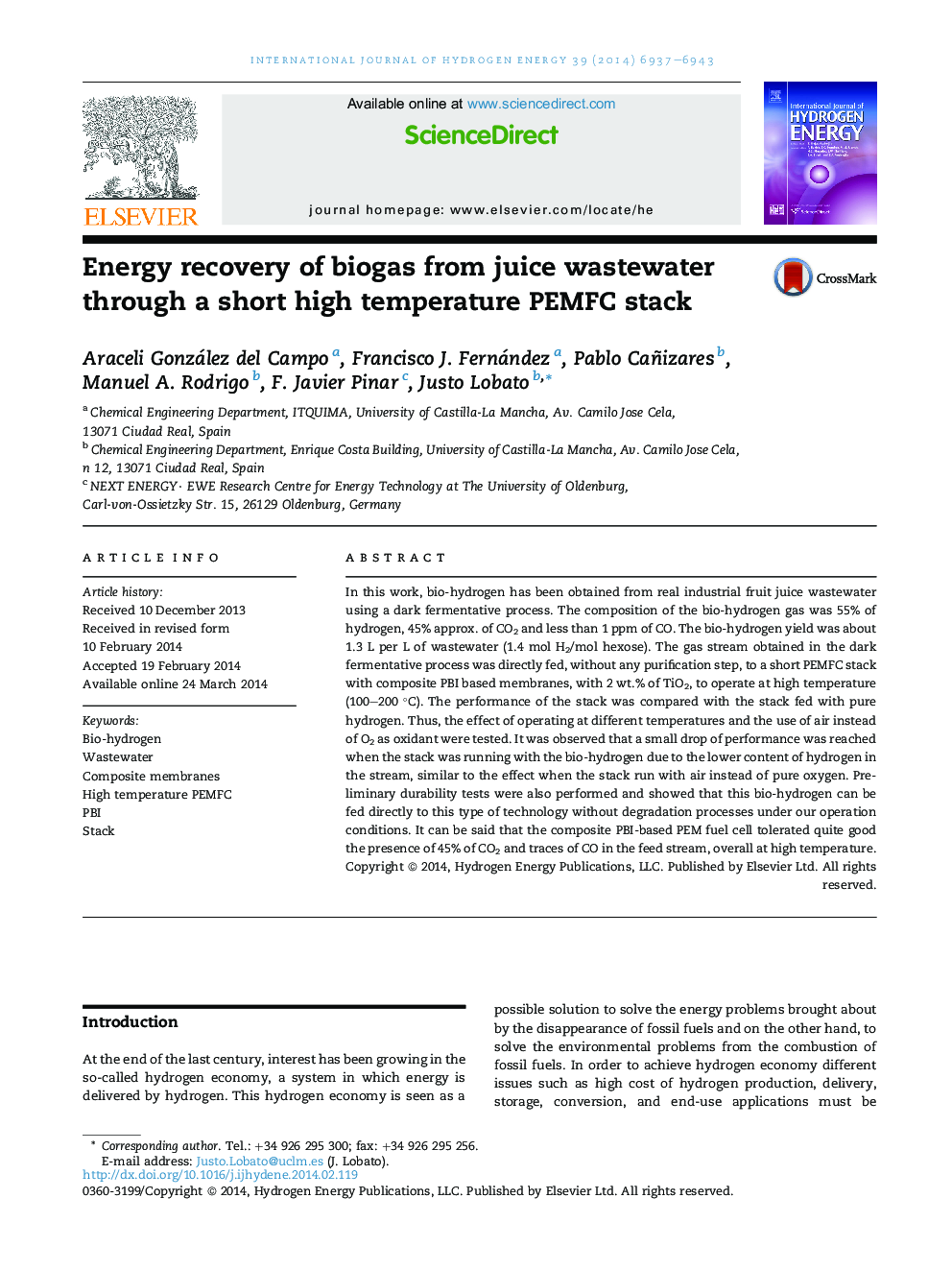 Energy recovery of biogas from juice wastewater through a short high temperature PEMFC stack