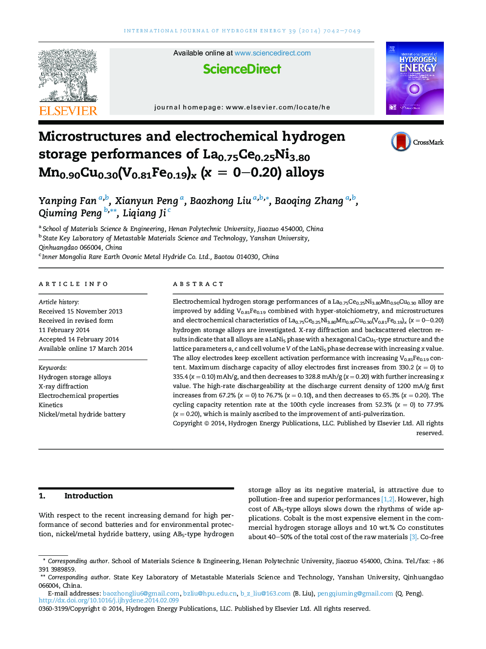 Microstructures and electrochemical hydrogen storage performances of La0.75Ce0.25Ni3.80Mn0.90Cu0.30(V0.81Fe0.19)x (x = 0–0.20) alloys