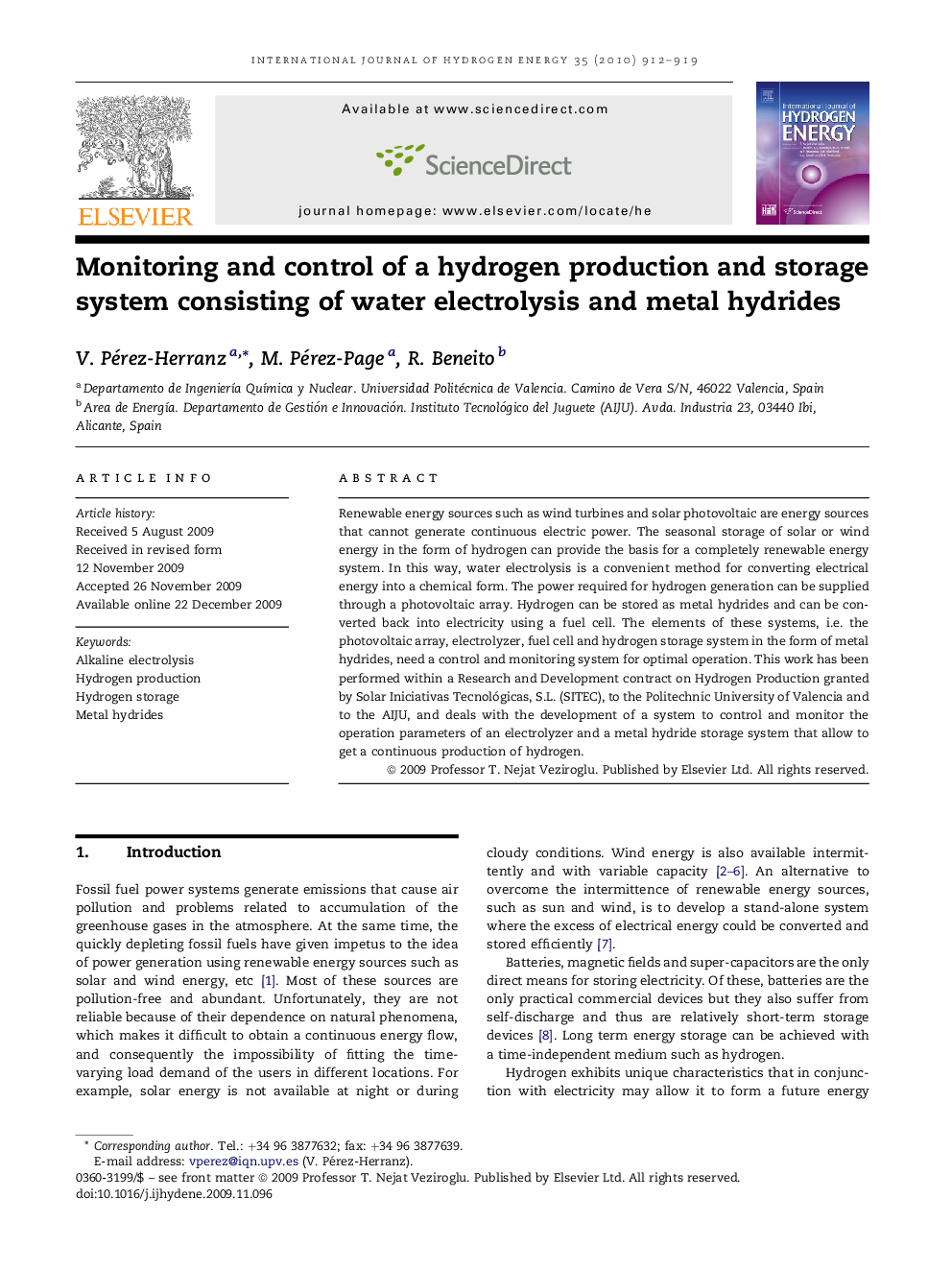 Monitoring and control of a hydrogen production and storage system consisting of water electrolysis and metal hydrides