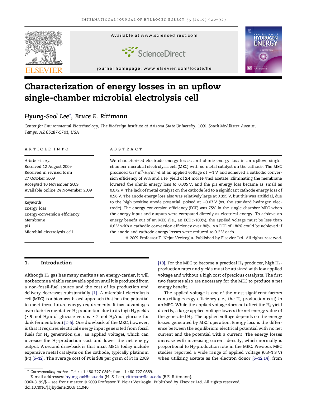 Characterization of energy losses in an upflow single-chamber microbial electrolysis cell