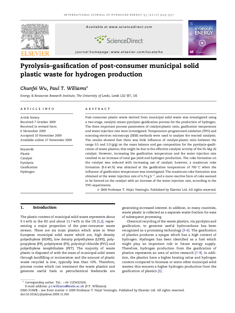 Pyrolysis–gasification of post-consumer municipal solid plastic waste for hydrogen production