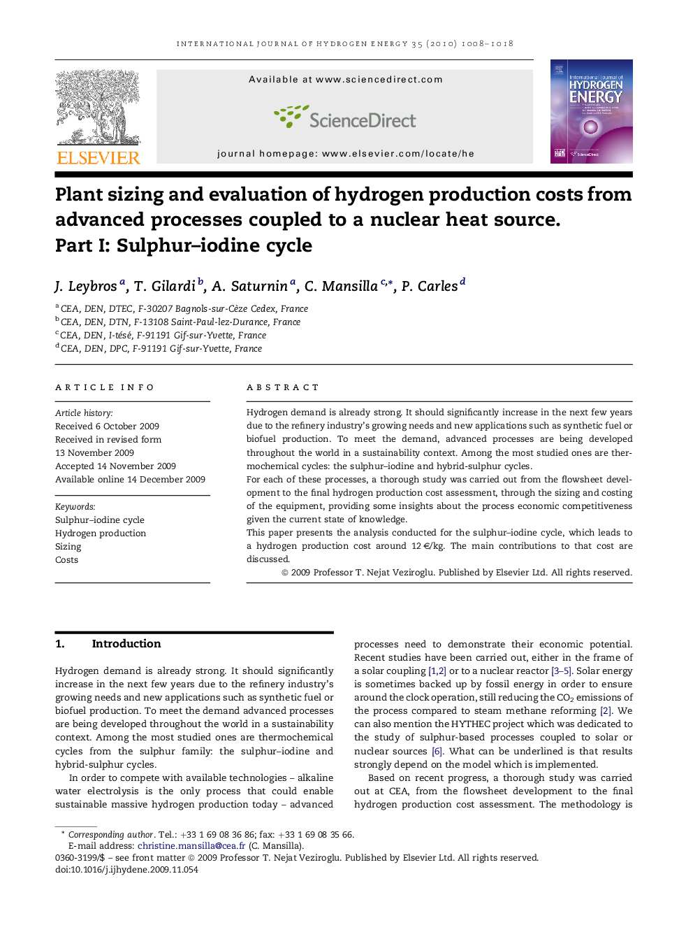 Plant sizing and evaluation of hydrogen production costs from advanced processes coupled to a nuclear heat source. Part I: Sulphur–iodine cycle