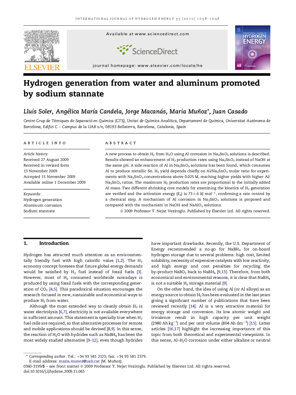 Hydrogen generation from water and aluminum promoted by sodium stannate