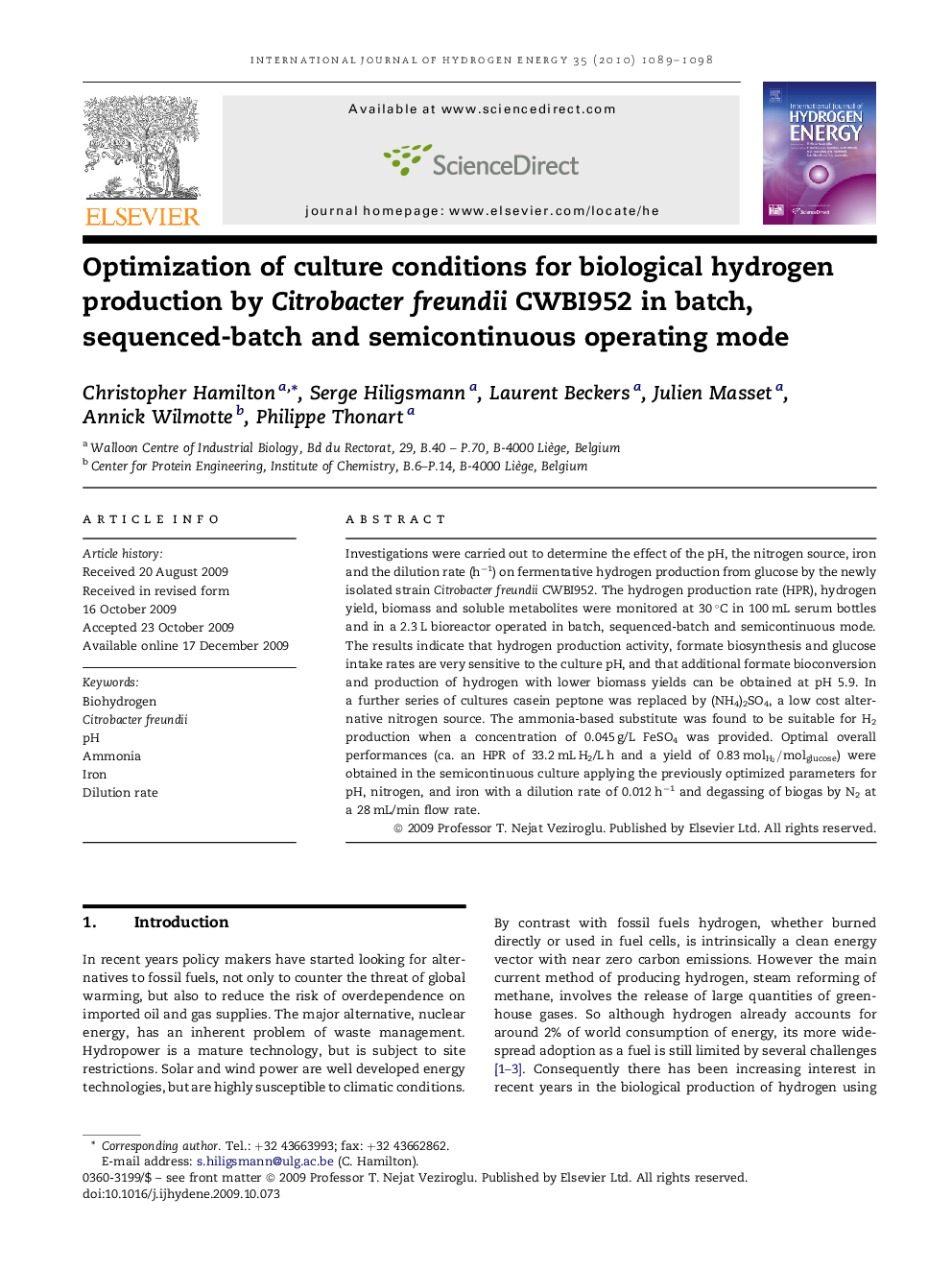 Optimization of culture conditions for biological hydrogen production by Citrobacter freundii CWBI952 in batch, sequenced-batch and semicontinuous operating mode