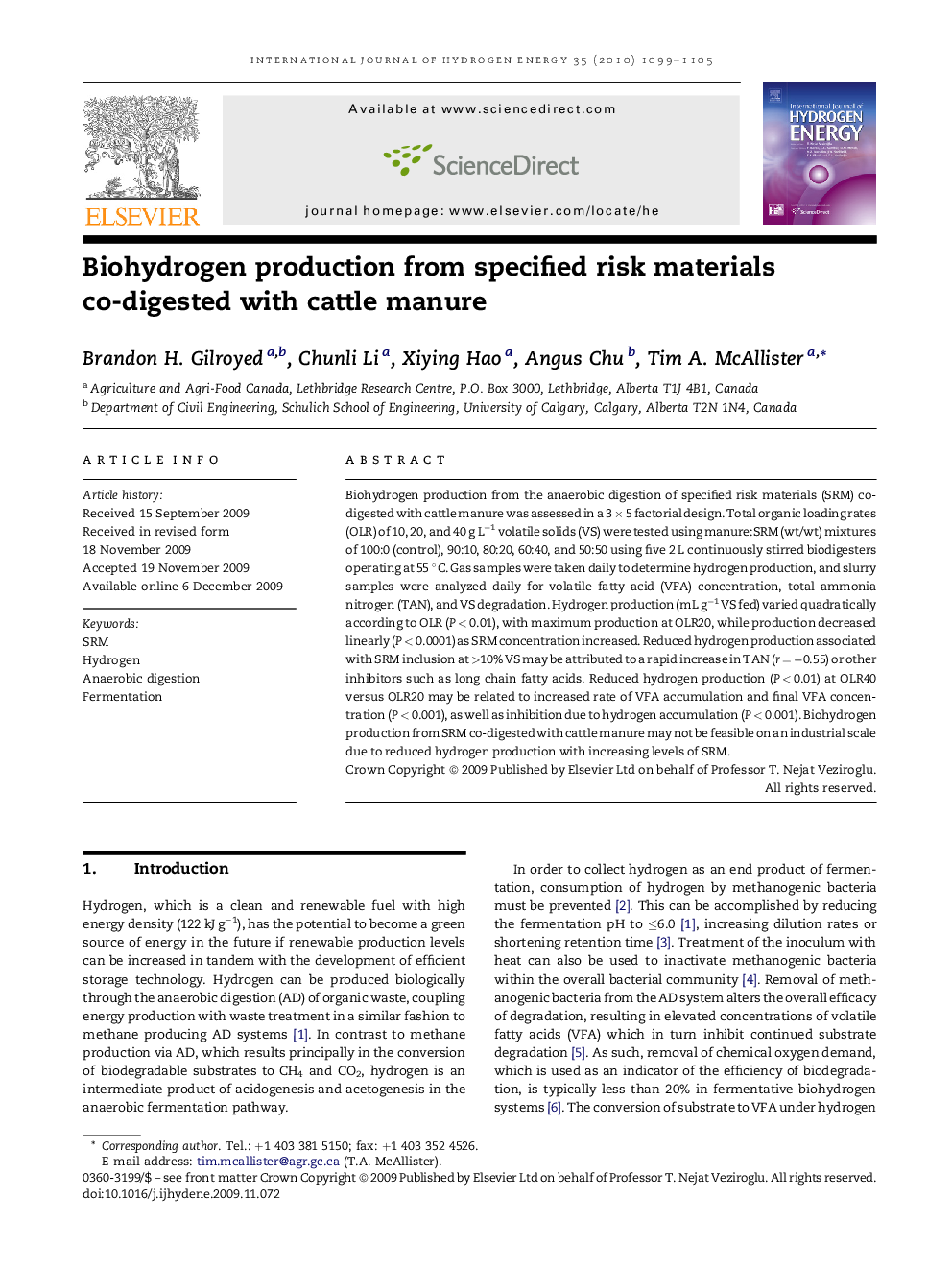 Biohydrogen production from specified risk materials co-digested with cattle manure