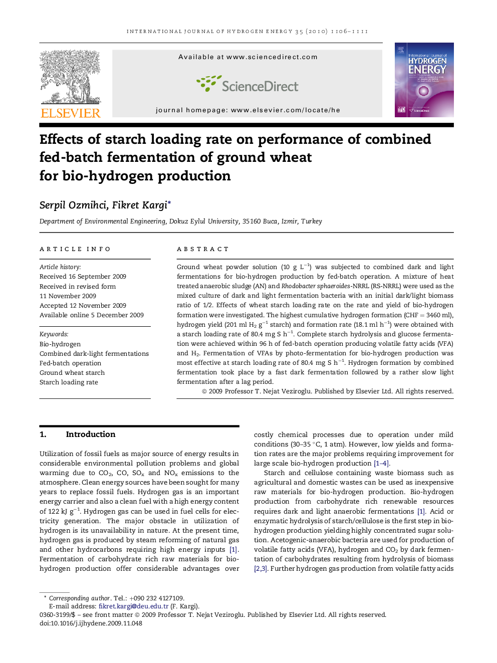 Effects of starch loading rate on performance of combined fed-batch fermentation of ground wheat for bio-hydrogen production